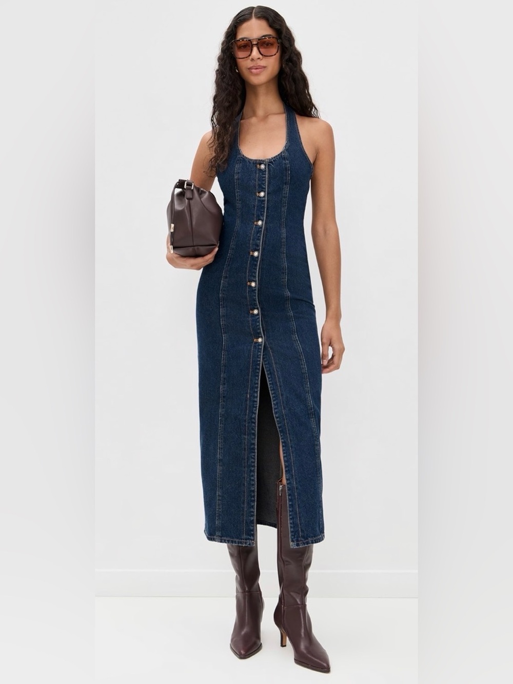 NWT Lioness Dark Blue Denim Button-Front Maxi Dress